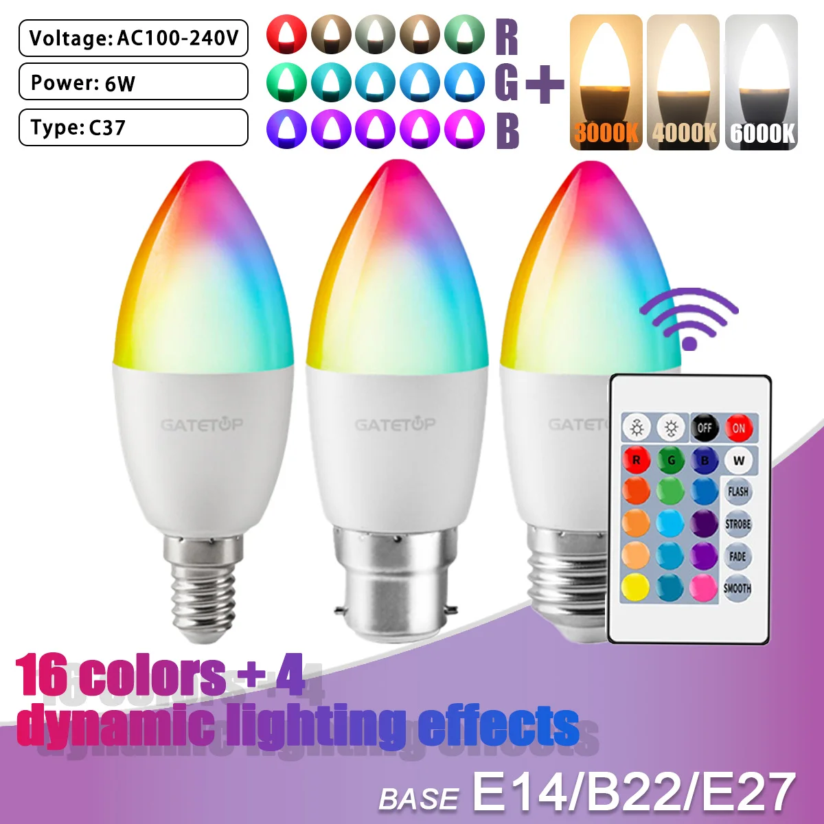 

2pcs E14 E27 B22 RGB Candle Bulb LED Multicolor light 16 Colors 220V 110V Smart lighting Dimmable 24 Key Remote Control Lamp