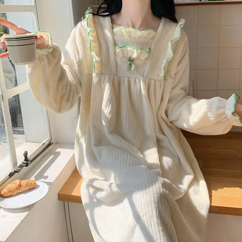 Fleece Ruffles Nightgown Lace Sleepwear Womens Night Dress Winter One Piece Pajamas Korean Style Knee Length Bow Home Wear 2023