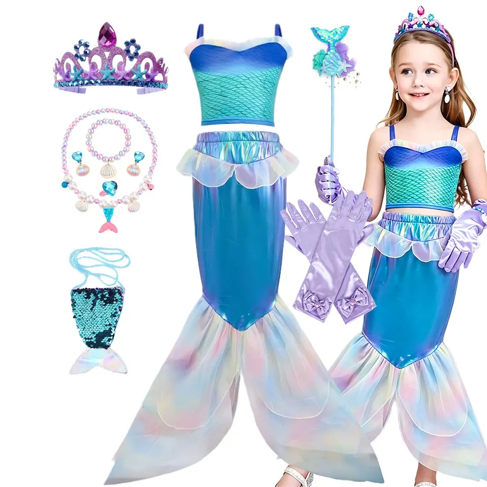 

Iridescent Mermaid Princess Dress 2Pcs Set Top Skirt Ariel Cosplay Costume Marine Theme Kids Birthday Party Outfit Purim Apparel