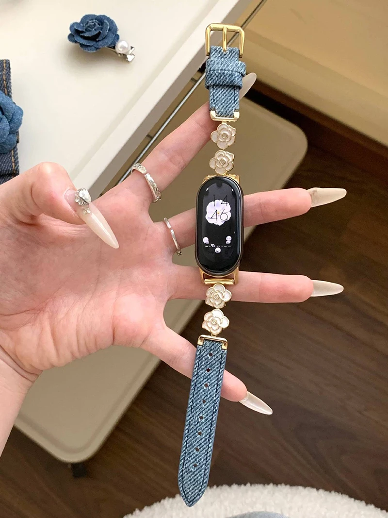 Fashion Camellia Flower Denim Strap for Xiaomi Mi Band 10 9 8 NFC 7 Women Cowboy Fabric Bracelet for Redmi Watch 6 5 4 Wristband