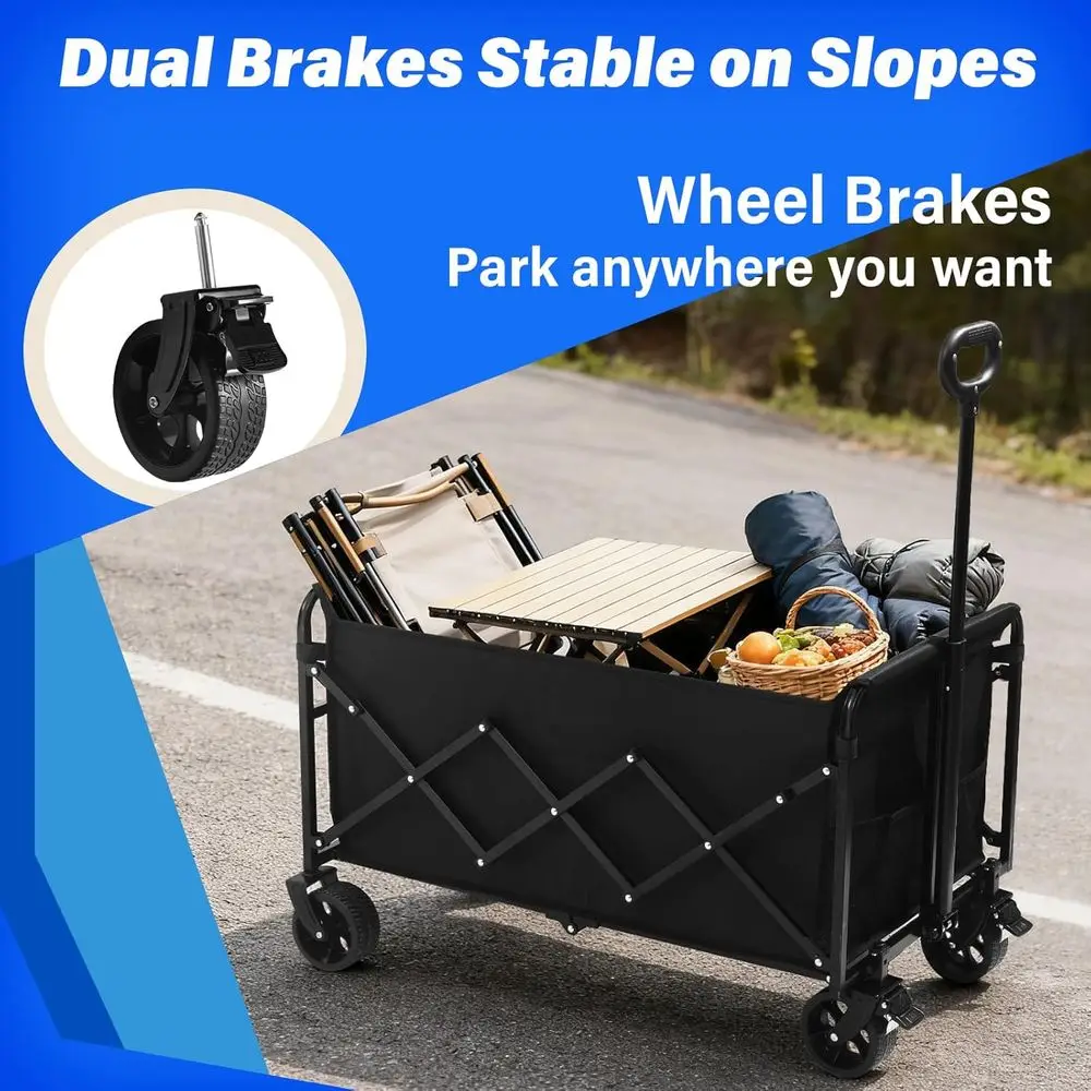 Wagon utilitaire pliable d'une capacité de 500 lb, poignée réglable et porte-boissons pour le camping, le shopping, le sport et plus encore