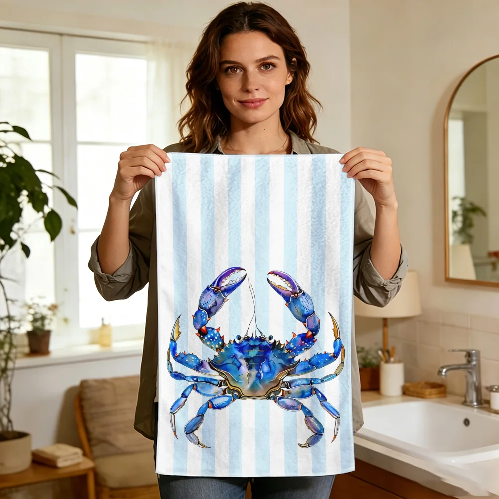 1pc/2pcs Printed Blue Crab Stripe Kitchen Towel-Super absorbent, reusable polyester dishcloths perfect for home decor, cooking,