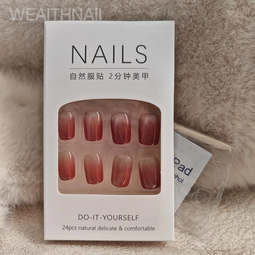 24PCS New Short Ballerina False Nails Cat Eye French Press on Nails Full Cover Shining Crystal Nail Tips DIY