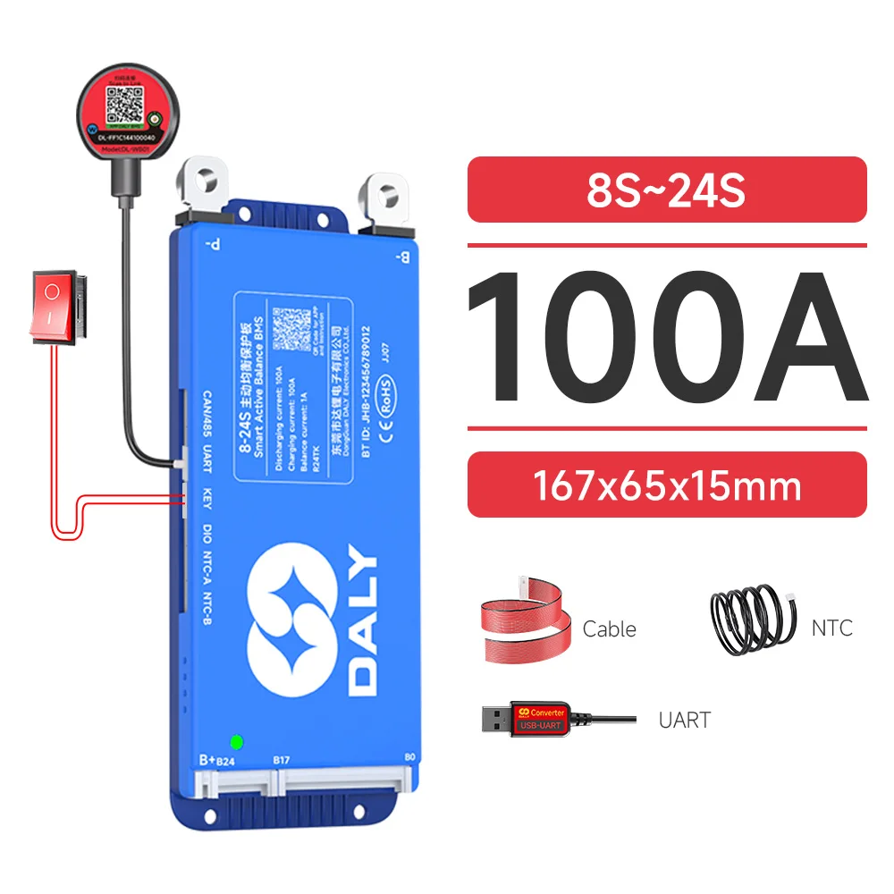 Daly Smart Active BMS 4S LiFePO4 8S 24V 16S 100A 150A 40A 60A 200A 12V 48V LiFePO4 1A Actieve Balancer met UART RS485 wifi-sleutel