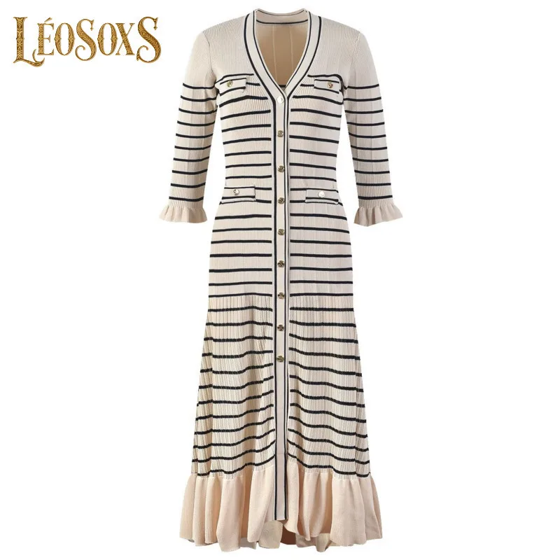 Leosoxs verão roupas femininas manga de cinco pontos vestido longo listra único breasted gola v maxi vestido senhora do escritório casual em camadas