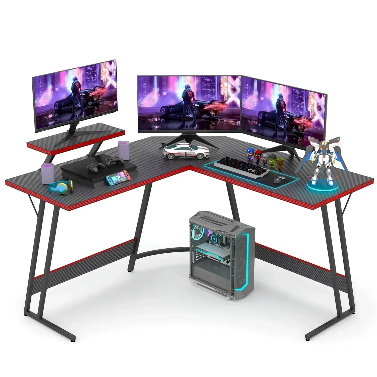 51 Inch L-Shaped Gaming Computer Corner Desk PC Gaming Desk Table with Large Monitor Riser Stand,Black/Blue/Pink