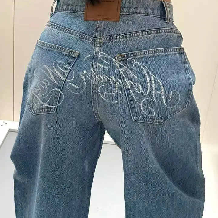 American Sle Spicy Girl Heavy Embellied Casual Denim Jeans Damen Retro Design Sensation Bodenlange Hose mit weitem Bein