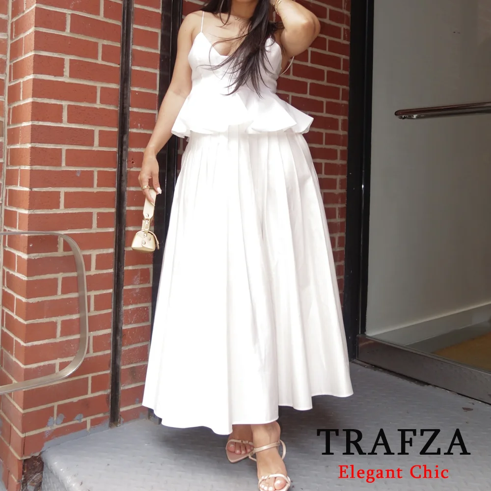 TRAFZA Casual Solid Pleated Skirt Suit Women\'s  Wide Swing Camisole Top and Midi Skirt Suit New 2024 Summer Fashion Vacation Set