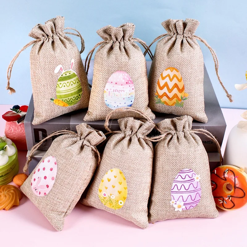 6pcs Easter Burlap Candy Bags Bunny Carrot Egg Pattern Jute Linen Treat Gift Bags for Easter Party Kids Cookies Snack Pack Bags