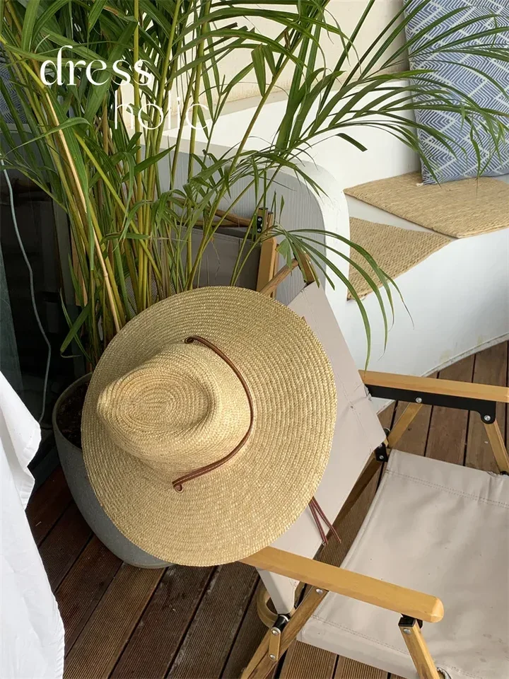Boho Straw Hat Wide Brim - Summer Beach Hat with Leather Lace Trim, Breathable Vacation Accessory