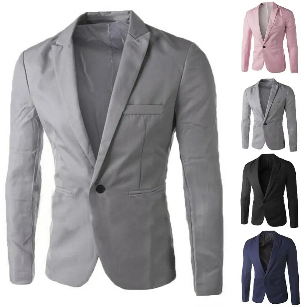 Men Solid Color Long Sleeve Lapel One Button Pocket Blazer Slim Fit Suit Coat Elegant Blazer Coat Business Casual Wedding Suit