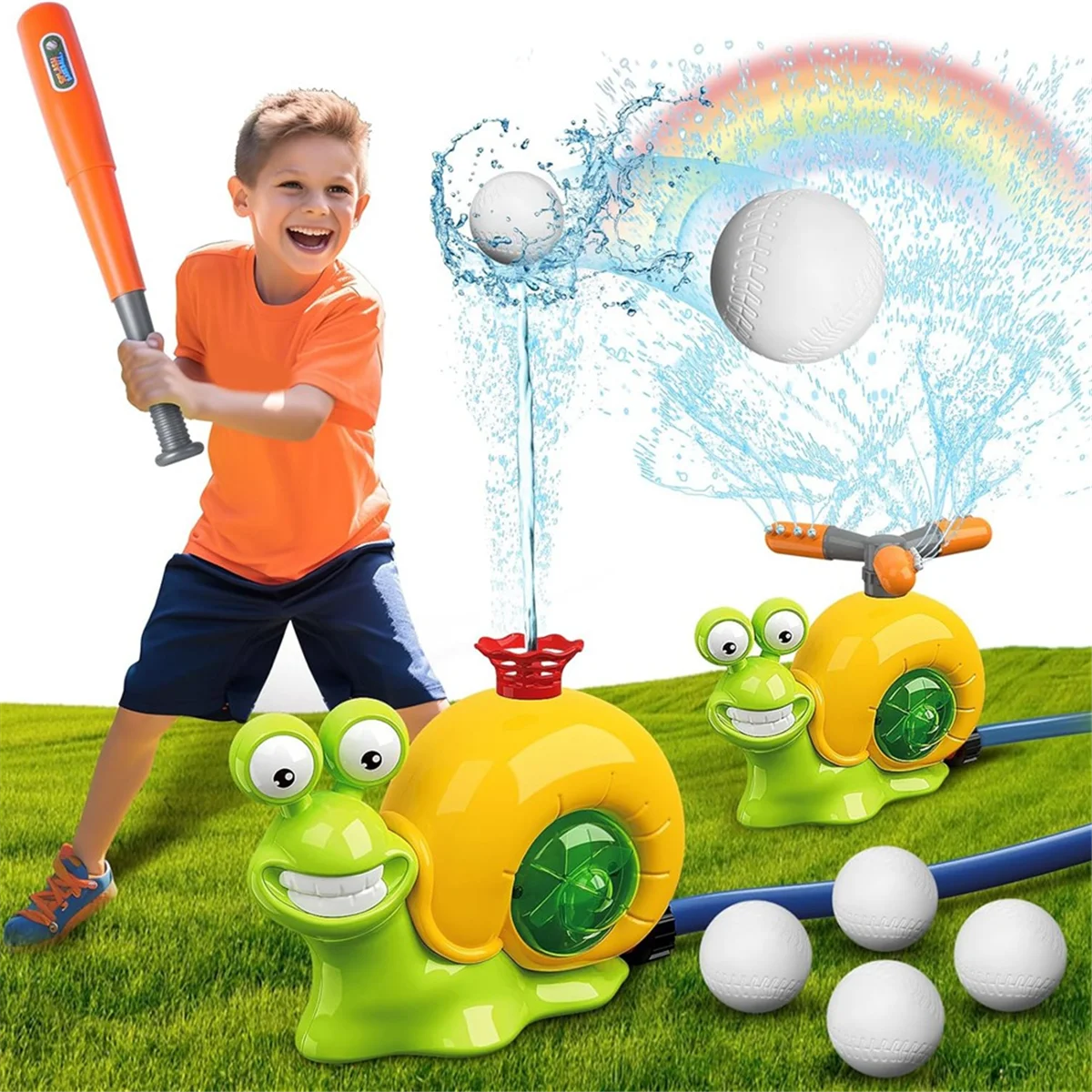 Water Sprinkler Baseball Kids Outdoor Play Toys, 2 in 1 Snail Water Outside Toys with 2 Sprinkler Heads for Boys Girls