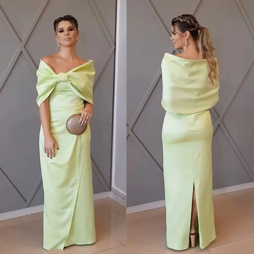 

Customized High Quality Matching Satin Pleat Bow Straight Off-the-shoulder Long Dresses Evening Dresses Sizes Available Modern S