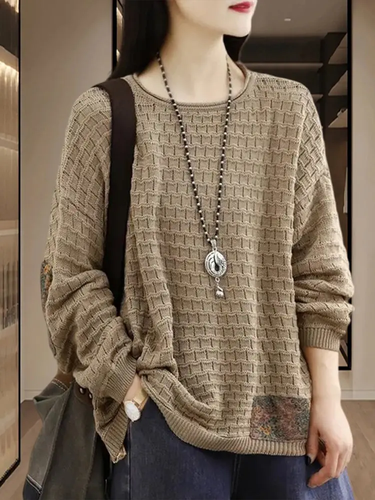 

Retro Patchwork Knitted Sweater Women Spring Autumn Lazy Sle Loose Casual Large Size Overhead Long Sve Base irt