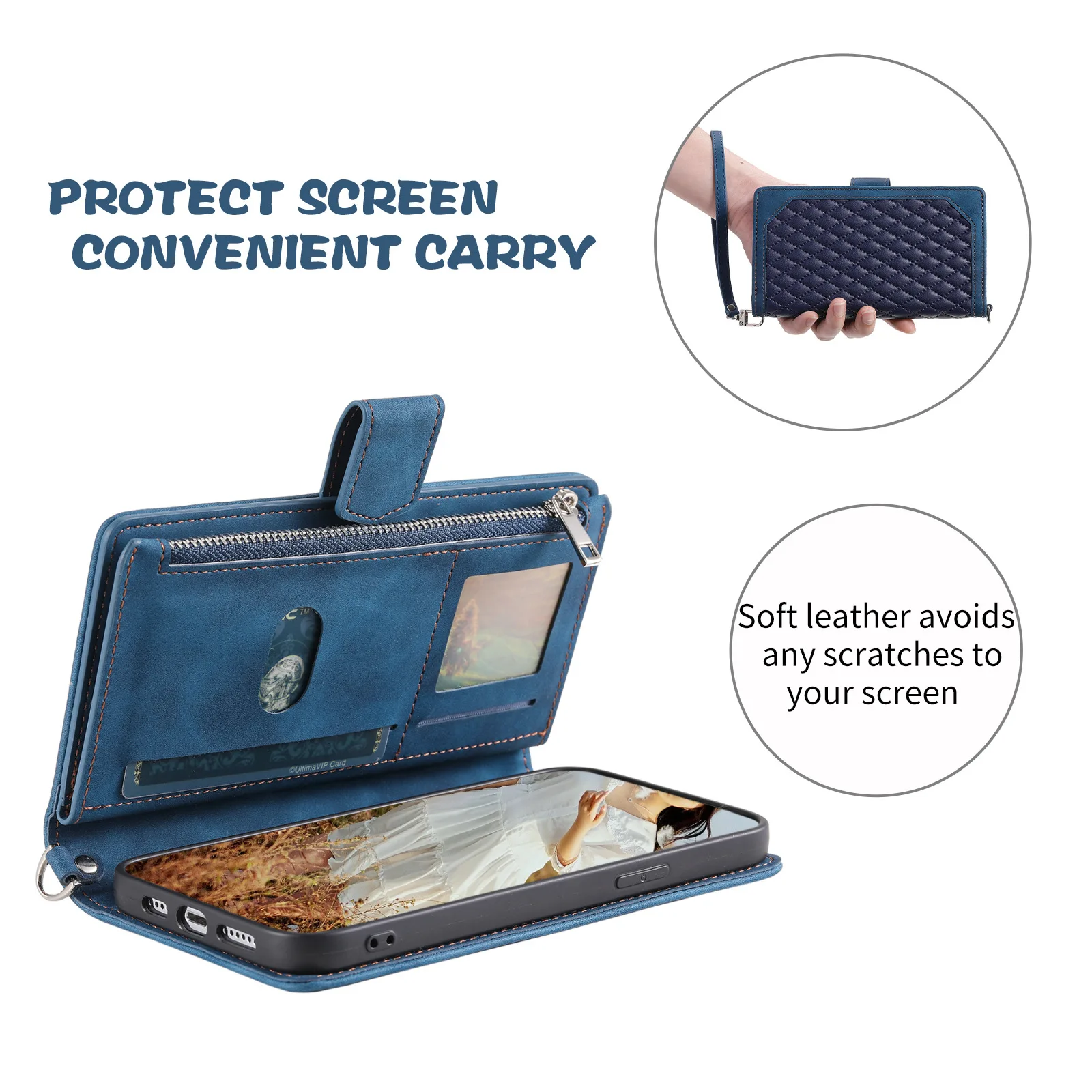 Hand-Lanyard Zipper Wallet Flip Leather Case for iPhone 11 12 13 14 Pro Max Plus 7 8 SE2020/2022 XSMax XR Card Cash Pocket Cover