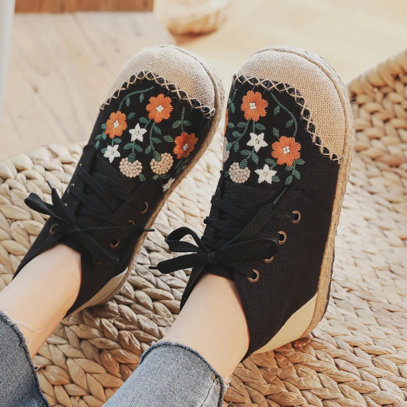 Casual Woman Shoes Round Toe Espadrilles Flats Embroidery Flower Lace-up High Top Trend Canvas Ladies Footwear Zapatillas Mujer