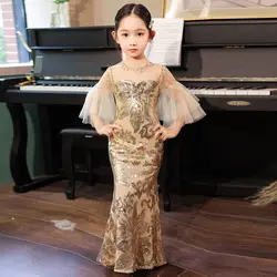 Luxury Golden Beads Mermaid Princess Flower Girl Dress Baby Kids Wedding Party Costumes First Comunion Vestido De Comunion