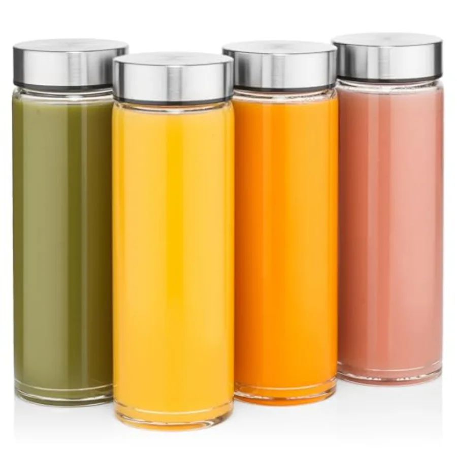 Botellas para Jugos - Paquete de 4 Botellas de Vidrio de Boca Ancha con Tapas - para Jugos, Smoothies, Agua Infusionada, Almacenamiento de Bebidas - Sin BPA