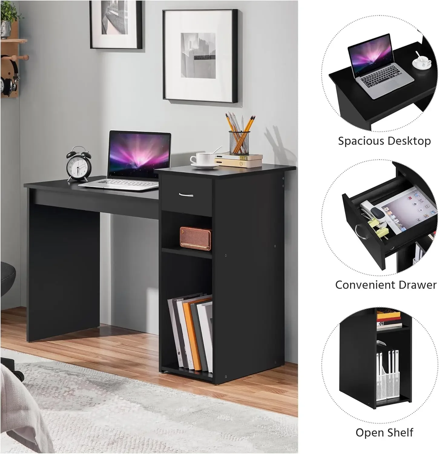 [Hot Sale!]Home Office Modern Desk and Chair Set Computer Desk w/Drawer & Shelves with Ergonomic Mesh Height Adjustable Office C