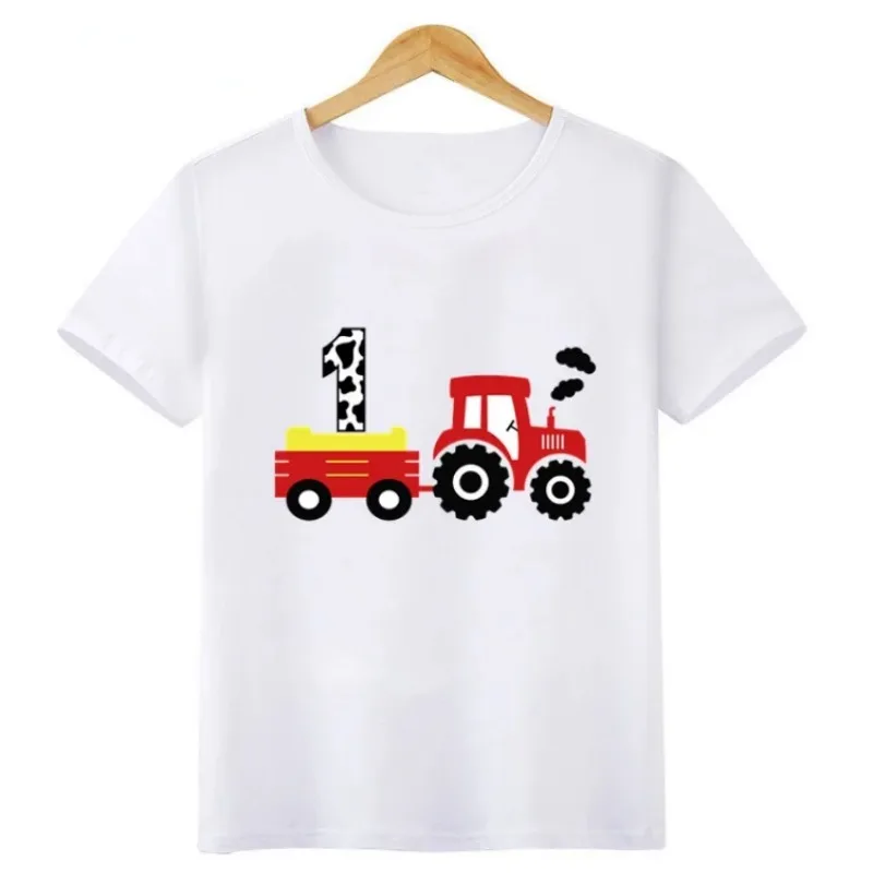 Camiseta infantil puxando desenhos animados, trator, carro, menino, aniversário, crianças, bebê, roupas de menina, moda, 1-8 anos, verão