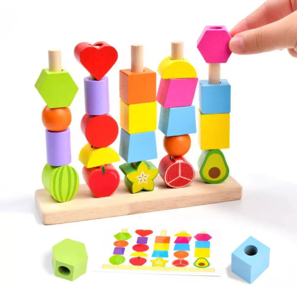 Jouets de Cognition en forme de couleur géométrique, blocs de piles de couleurs de fruits Montessori, jeu de Puzzle, perles de laçage à faire soi-même