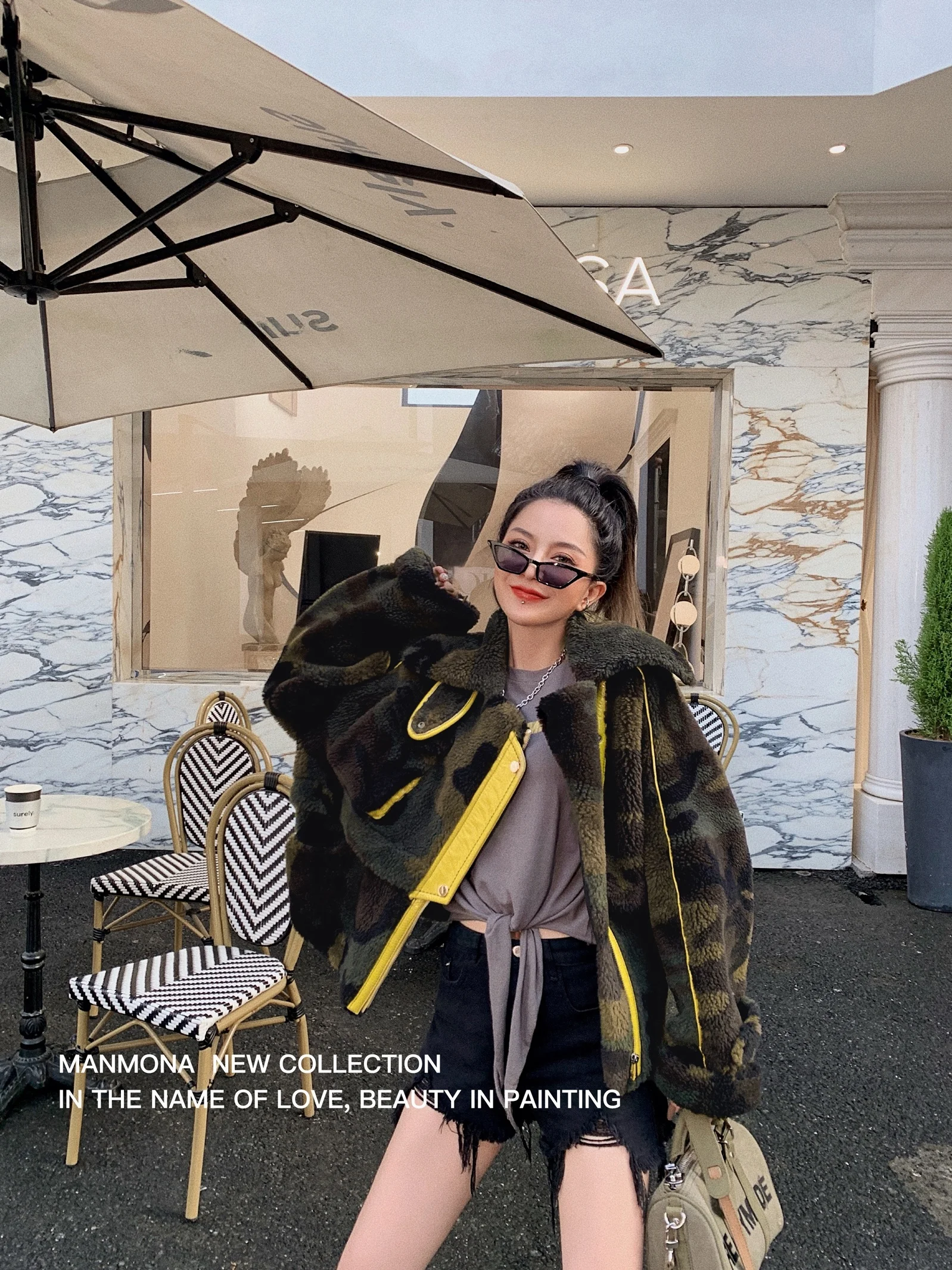 

Куртка ManMona с камуфляжным принтом и воротником из овечьей шерсти, женская, с длинными рукавами, на молнии, для повседневной носки