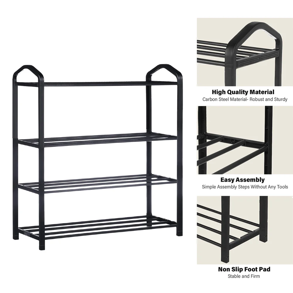 4-Tier Stackable Shoe Rack, 12-Pairs Sturdy Shoe Shelf Storage , Black Shoe Tower for Bedroom, Entryway, Hallway, and Closet