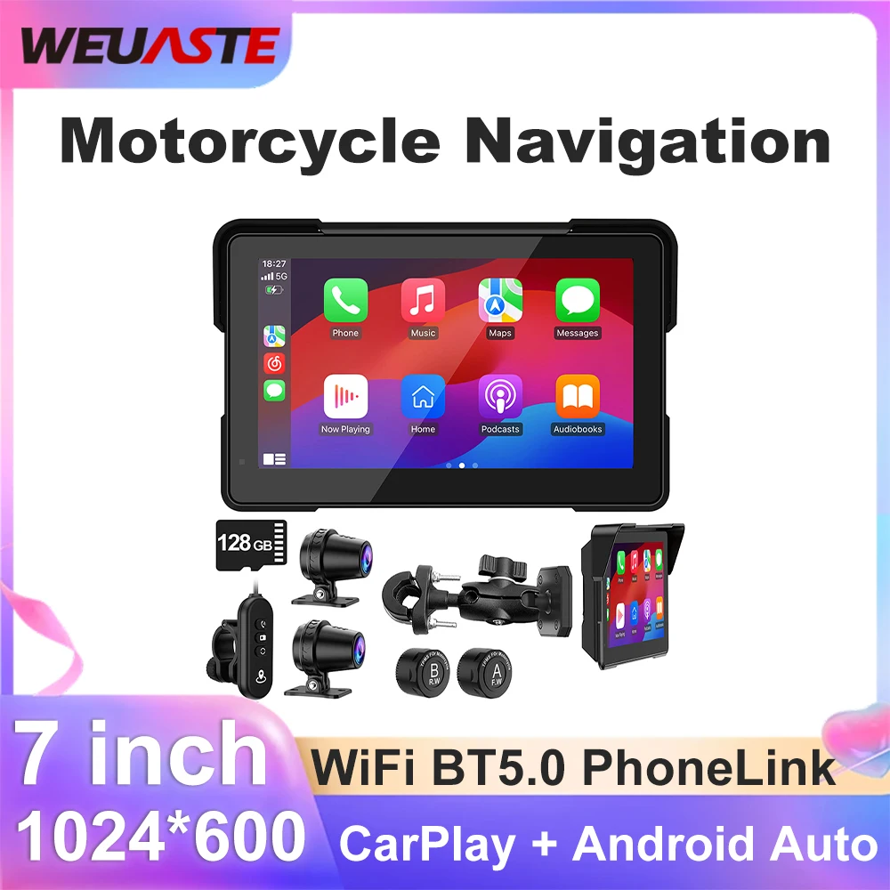 WEUASTE 7 inch Waterproof Motorcycle GPS Navigation Wireless Carplay Android Auto DVR Drive Recorder Moto Monitor WIFI TPMS