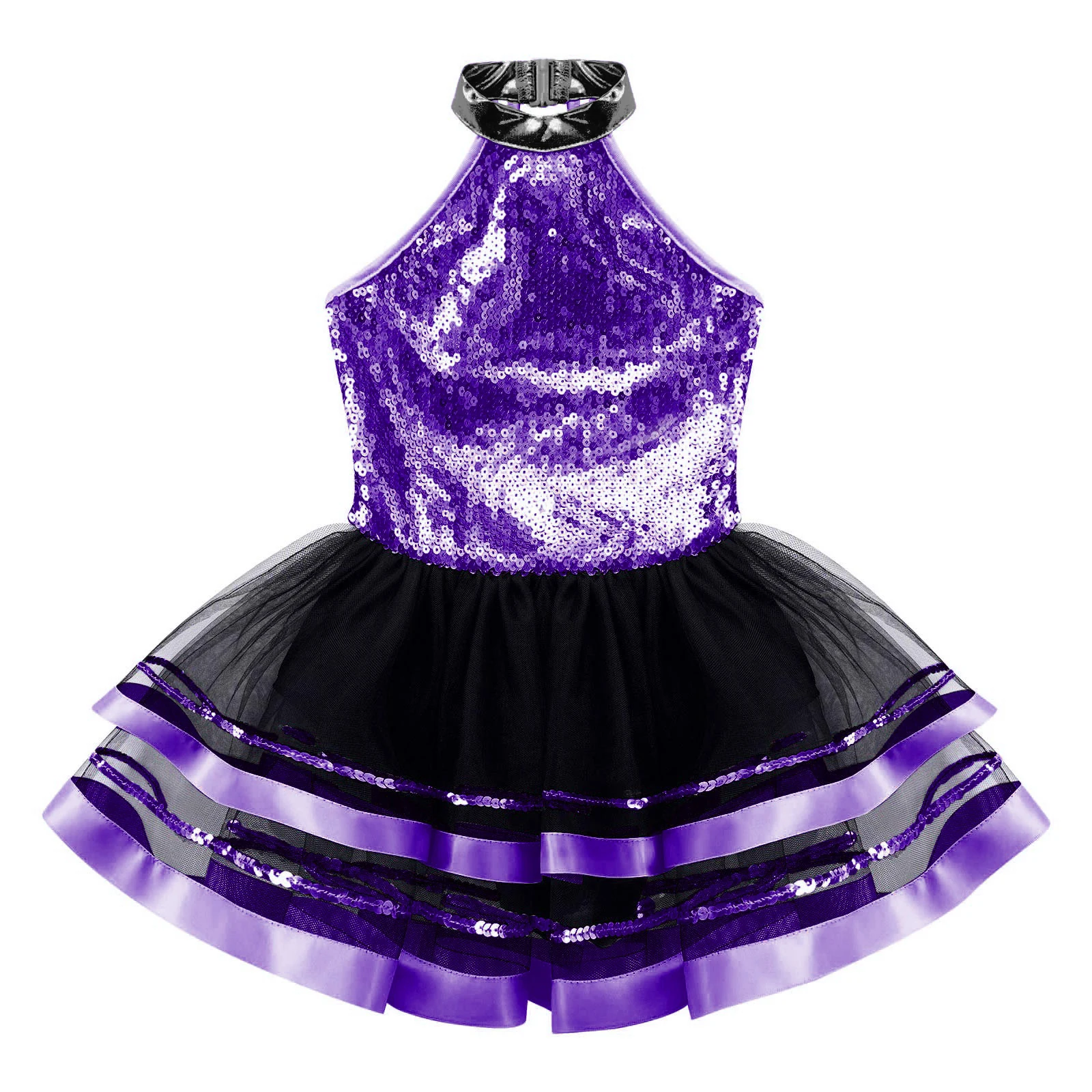 Kid Girls Sleeveless Mesh Ballet Dress Sparkly Sequin Backless Princess Tutu Dance Leotard Dress for Party Stage Performance
