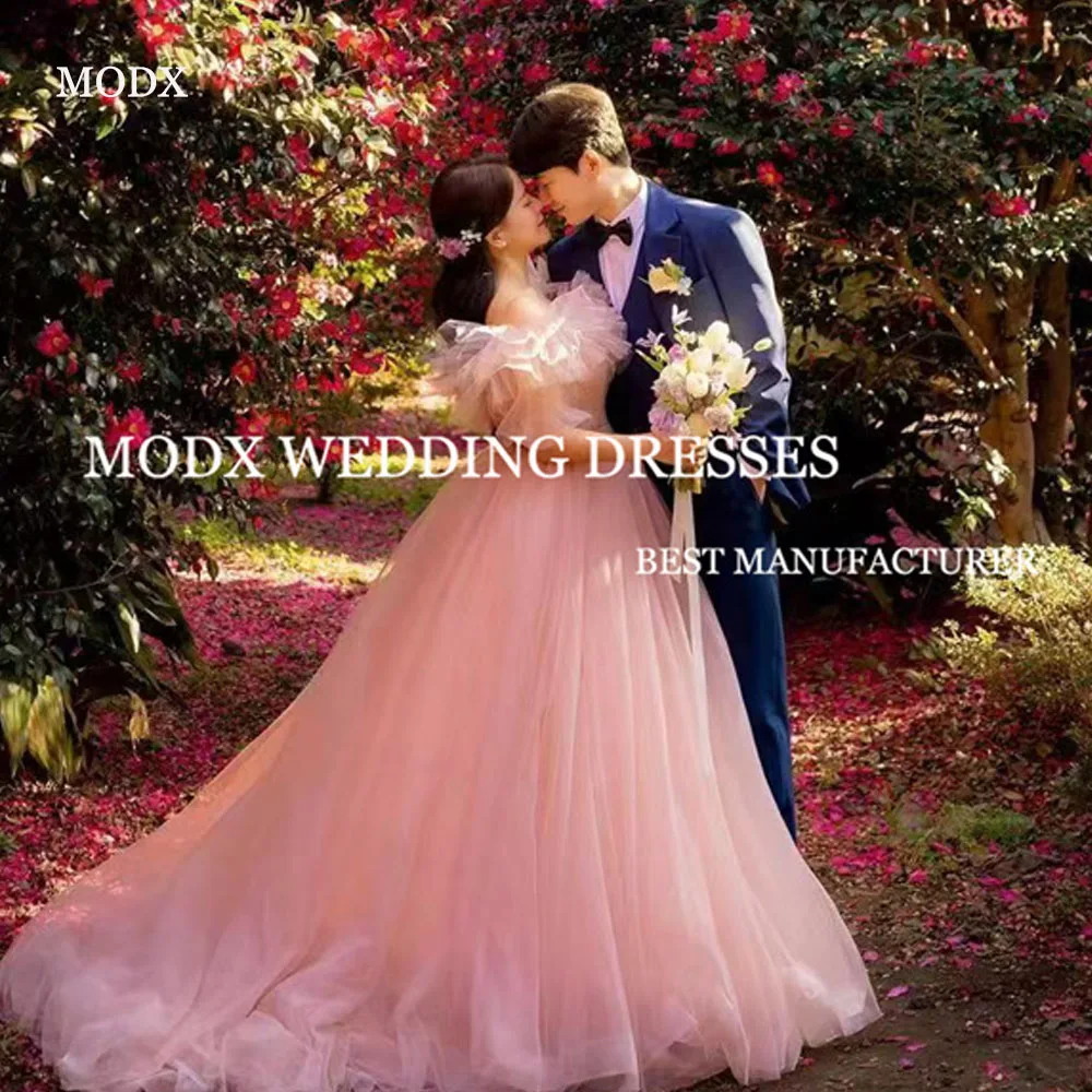 

MODX Off Shoulder Blush Pink Evening Dresses Korea Wedding Photo shoot Prom Gowns Formal Party Dress Corset Back Customized