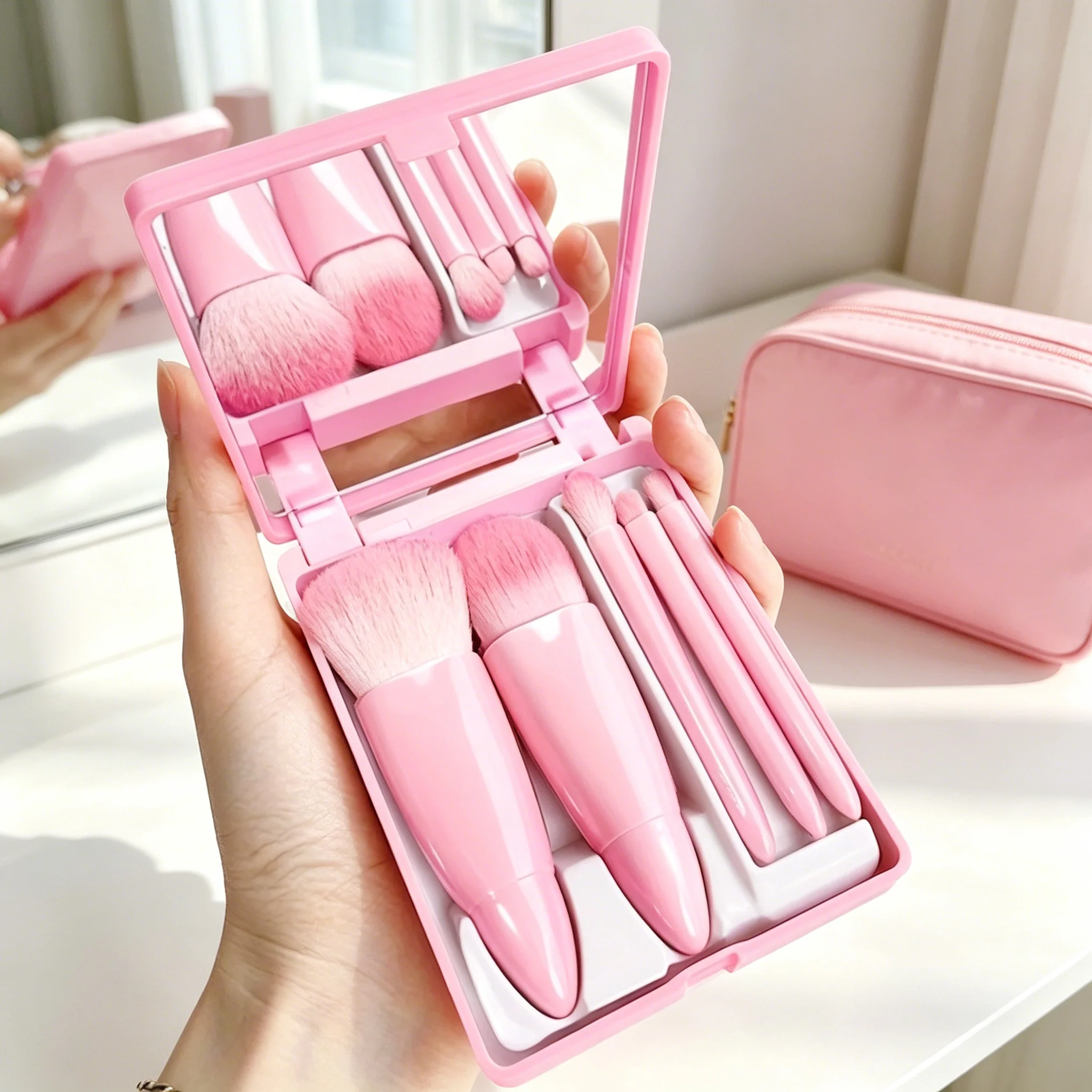 Ensemble de pinceaux de maquillage de voyage pliables, 5 pièces, avec miroir intégré, Kit de rangement de pinceaux cosmétiques portables, cadeau pour femmes en voyage