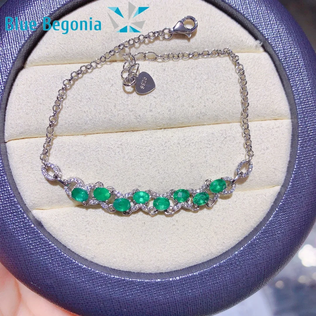 

925 Sterling Silver Natural Emerald Bracelet for Women Anniversary Gift Fine Jewelry 3*4MM Gemstone