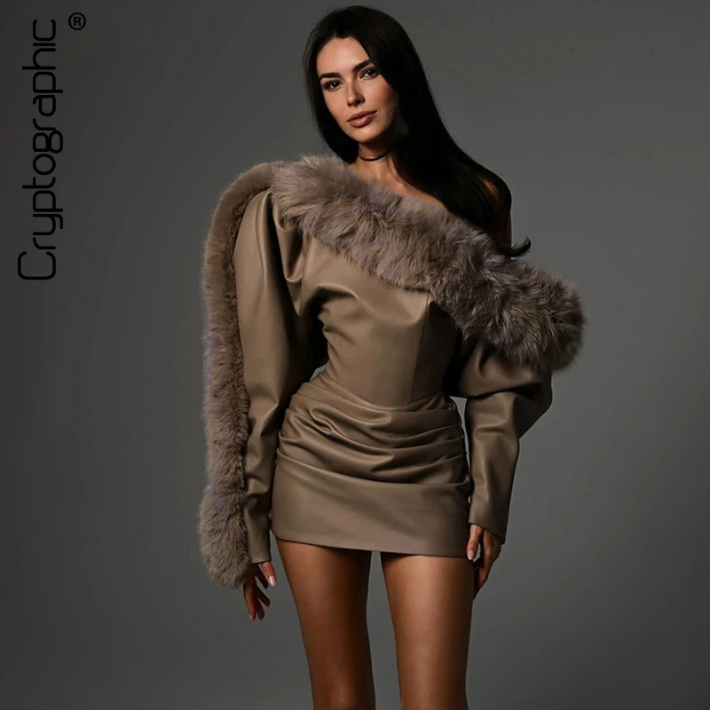 Cryptographique PU cuir fausse fourrure robe Club fête mode Vintage Sexy dos nu Slinky Mini robes moulante vêtements d'hiver