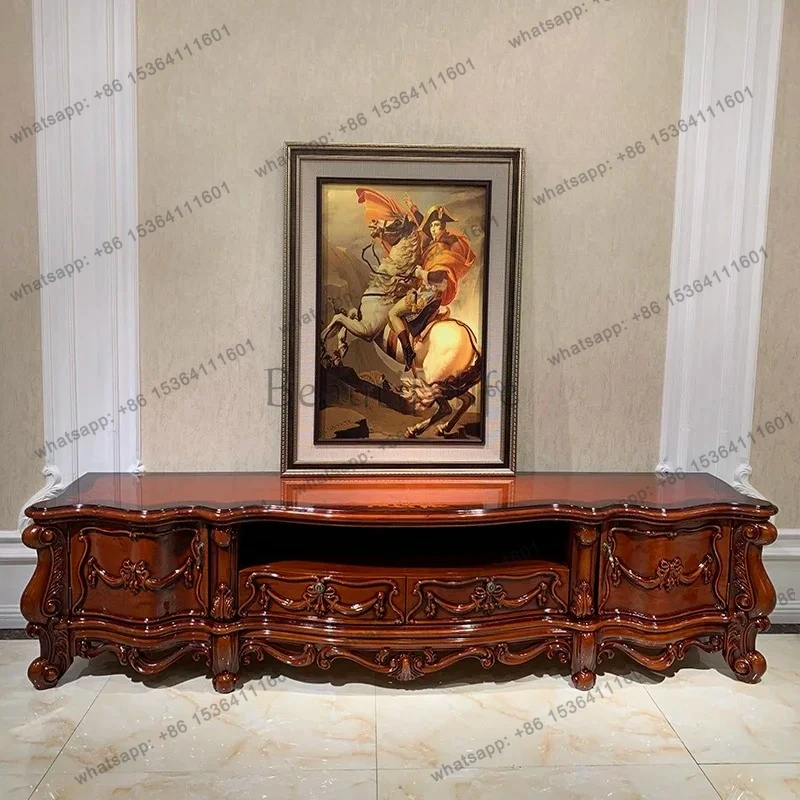 

European-style all-solid wood TV cabinet American living room luxury villa dark paint retro new whole house furniture