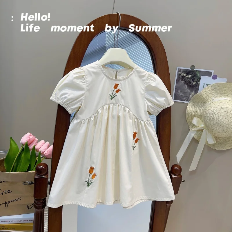 2024New Summer Short-Sleeved Girls' Tulip Embroidery Puff Sleeve Sweet Dress23165