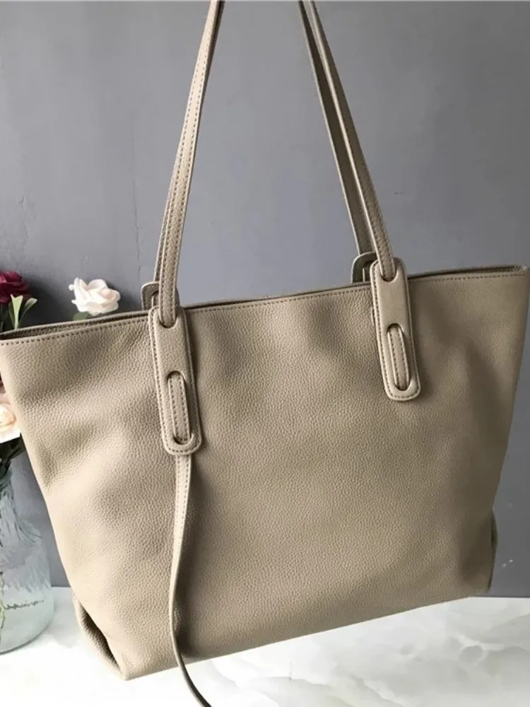 Nuevo bolso de mano informal de gran capacidad para mujer, bolso de mano de cuero genuino para oficina, bolso de hombro individual a la moda de Color sólido con cremallera