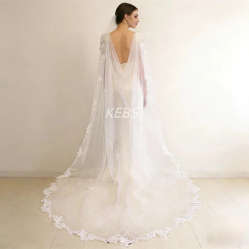 Imagen 2 del producto Velo de encaje de perlas de alta calidad, chal de novia blanco marfil, accesorios de boda, 2,5 metros de largo