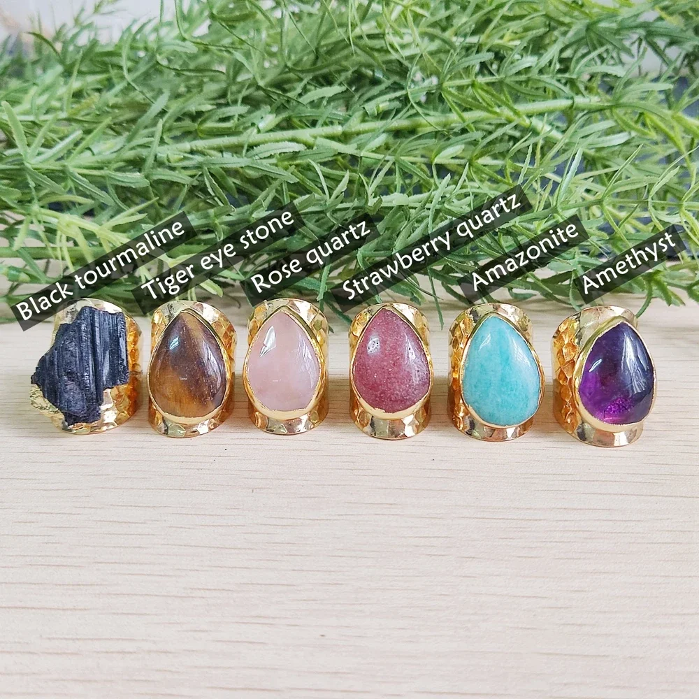 Gold Plated Teardrop Shape Natuarl Gems Amethyst Amazonite Crystal Stone Adjustable Rings for Women Men Fashion Jewelry