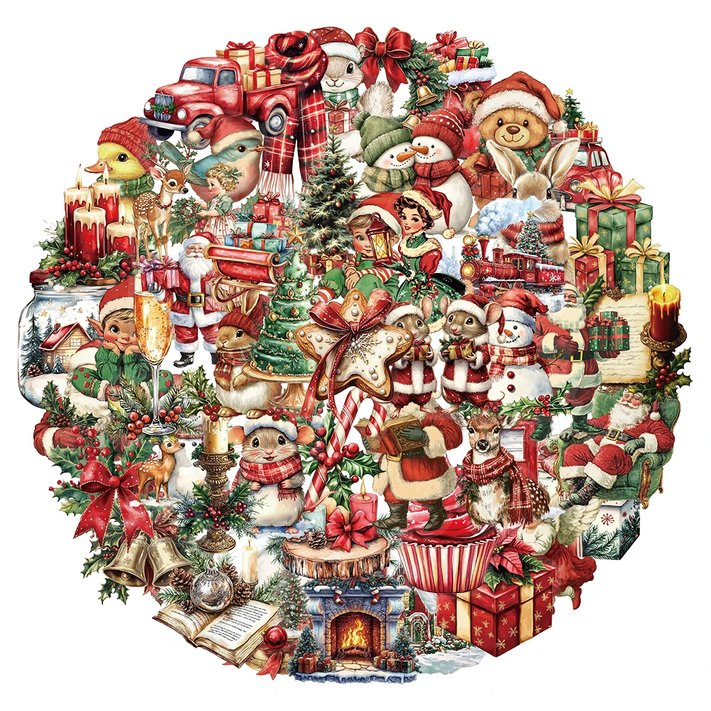 50PCS Creative Retro Christmas Ins Style PET Transparent Material Stickers Phone Case Decoration Personalized Stickers