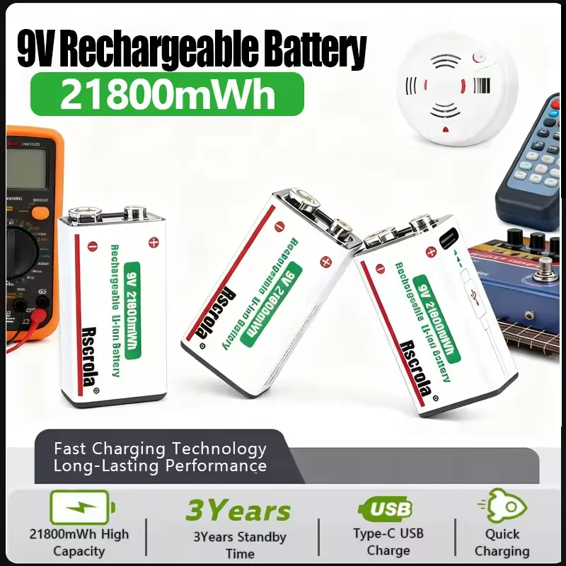 장시간 지속되는 9V 충전식 리튬 이온 배터리 21800mWh 고용량 기타 마이크 연기 감지기 페달용 케이블 포함