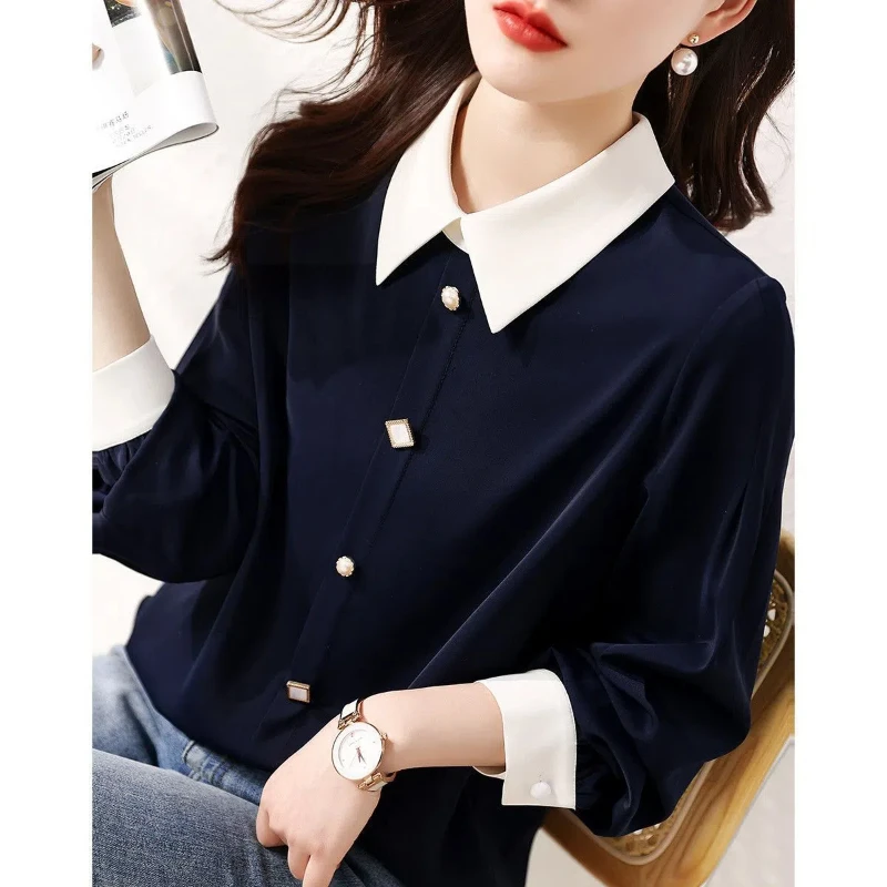 Blusa de retazos sencilla para mujer, camisa de manga larga con contraste de temperamento, Tops de oficina, ropa de moda para primavera y otoño, novedad