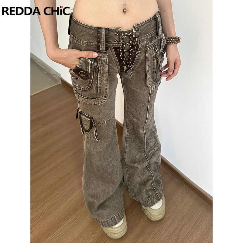 ReddaChic Cowgirl Lace Up Low Waist Cargo Jeans Do Old Zipper Decor Distressed Brown Boot Cut Pants 90s Retro Women Streetwear