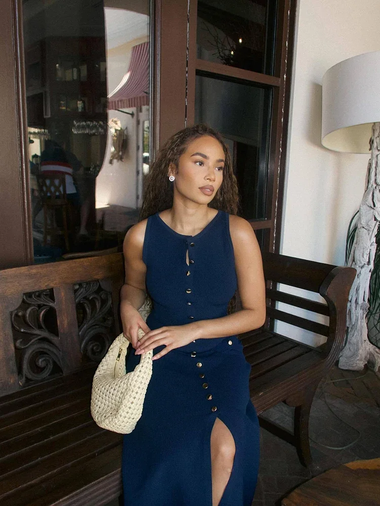 Abiti lunghi eleganti lavorati a maglia Donna Estate O Collo senza maniche Monopetto Tasche finte Abito aderente Abiti da donna da ufficio alla moda