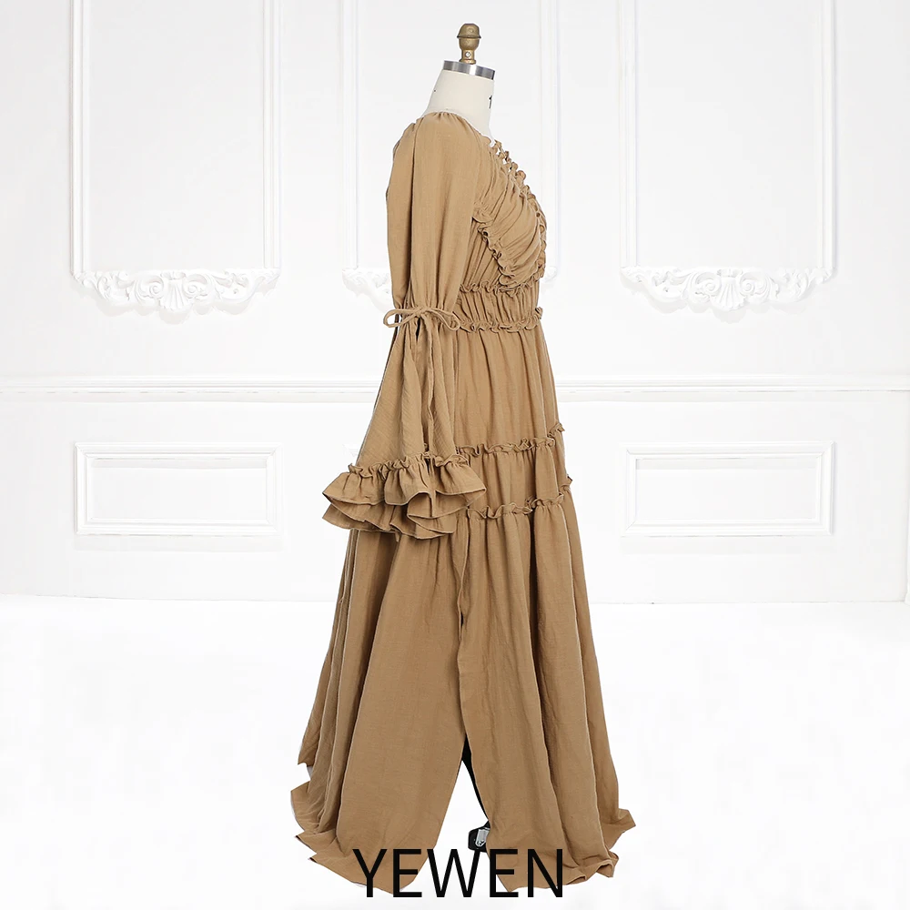 Long Sleeves V Back Elastic Waist Woman Boho Maxi Dress Photoshoot Dresses Outfit YW231112