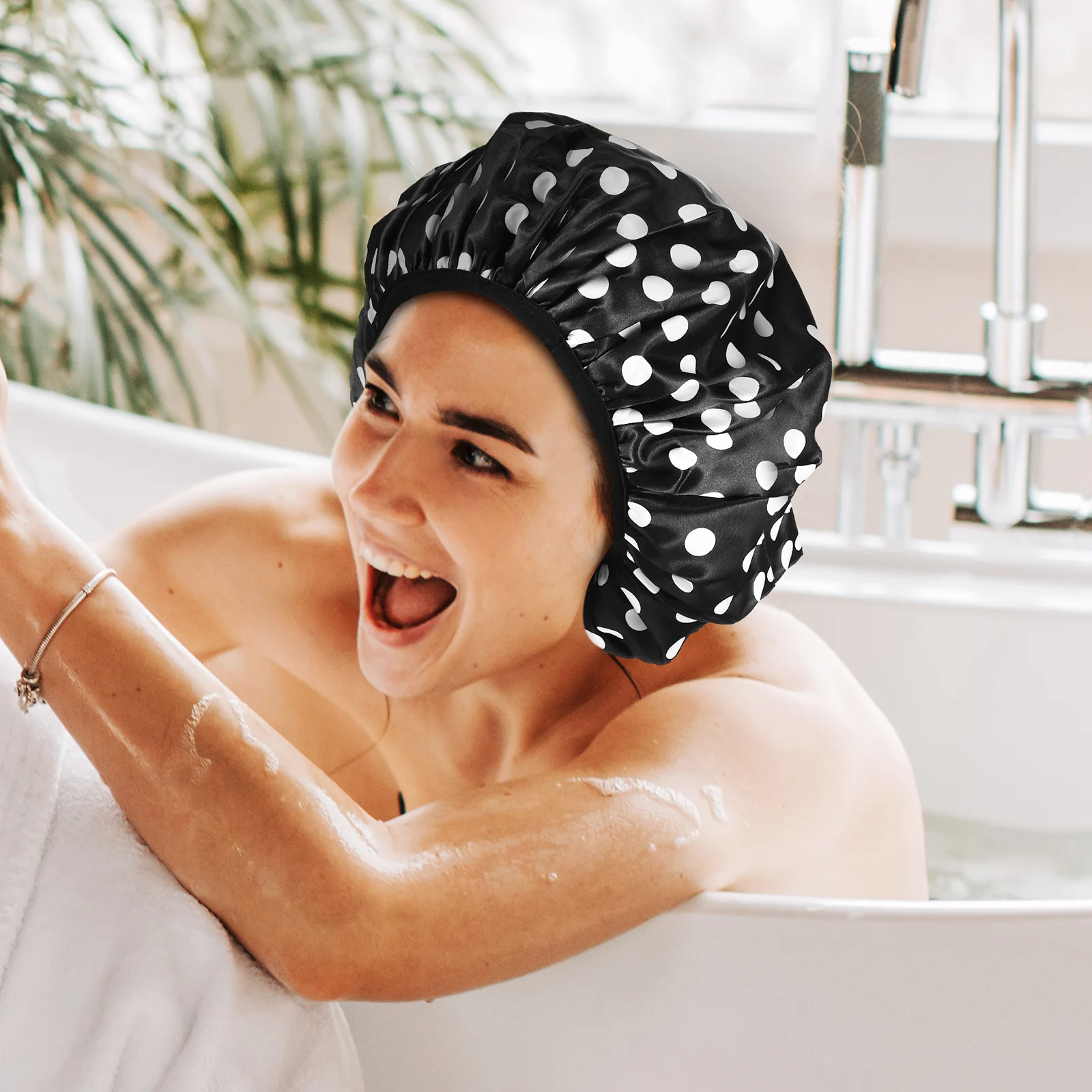 

2 pcs Waterproof Shower Caps Bath Hats for Women Dot Pattern Hair Care Travel Microfiber Reusable Washable Salon Bathing