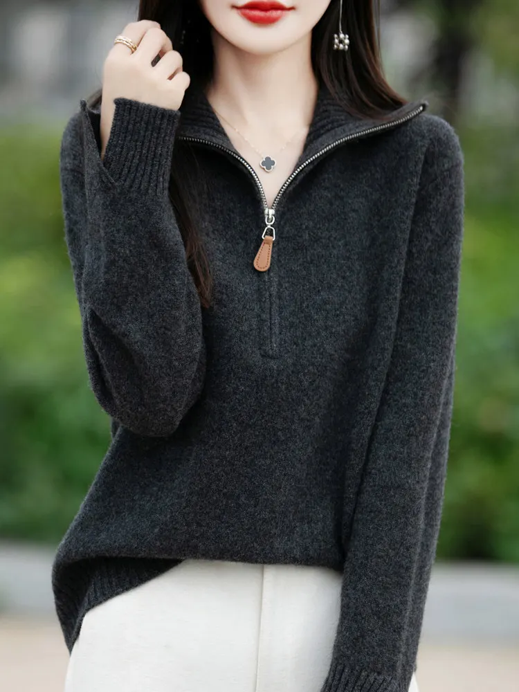 

Half-zipper 100% pure cashmere sweater women's autumn and winter new thickened sweater with warm bottoming shirt.