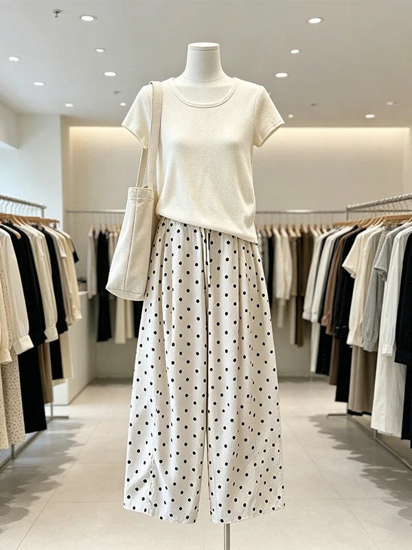 

Summer Large Size Women's Knitted Short Sleeve round Neck Checkered Wide Leg Pants Two-Piece Set Casual Korean Style High Waist