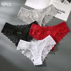 4pcs Fashion Sexy Panties Comfortable Briefs Exquisite Crotchless Shorts Solid Lingerie Sexy Lace Hollow Out Underwear Women