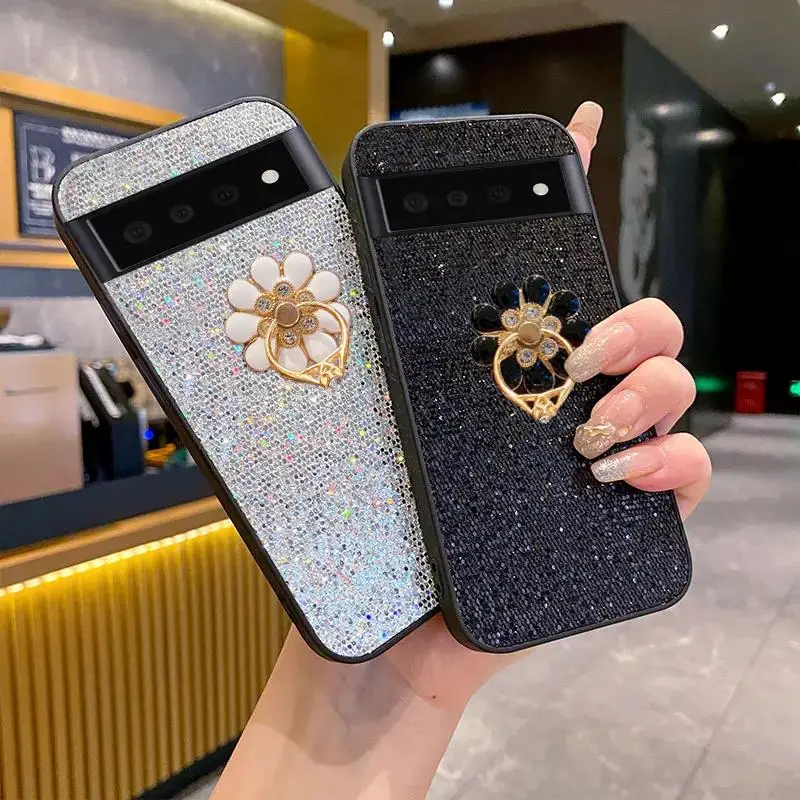Niedliche Blumenhalterung, modische Sternenbeleuchtung, funkelnde Handyhülle für Google Pixel 9, 10, Pro, XL, 6, 7, 8 Pro, 6A, 7A, 8A, 9A, glitzernde Softshell