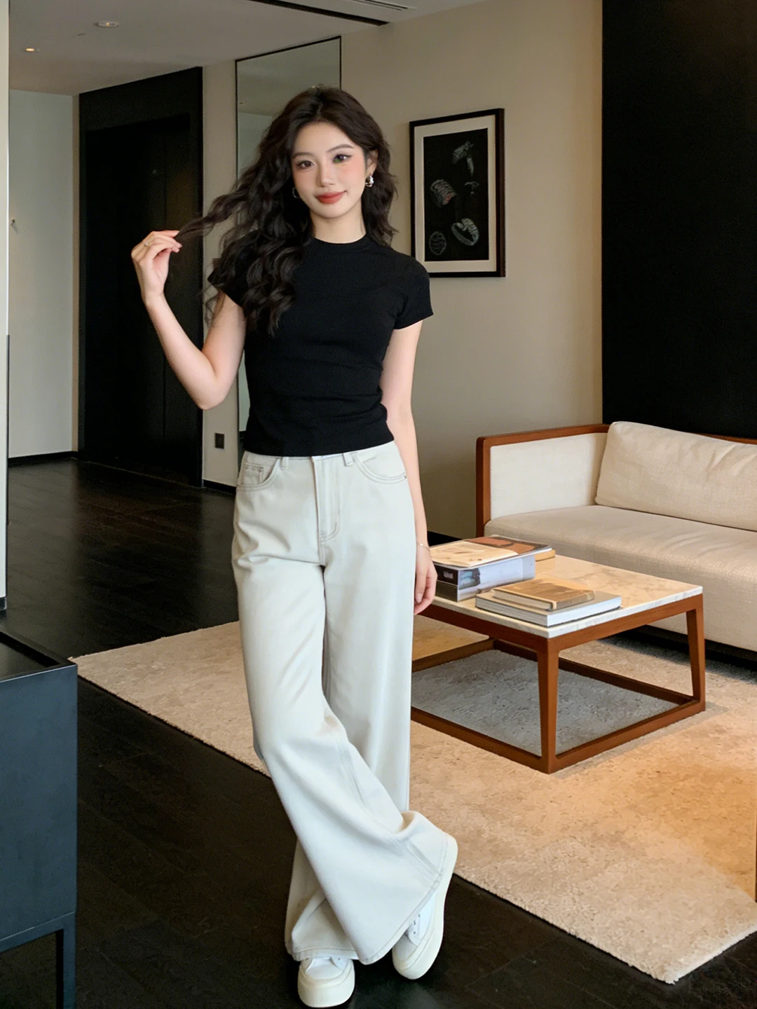 

High Waist Slimming Denim Floor-Length Pants Early Spring Bell Bot Milk Tea Color Ele Long Trousers for Women